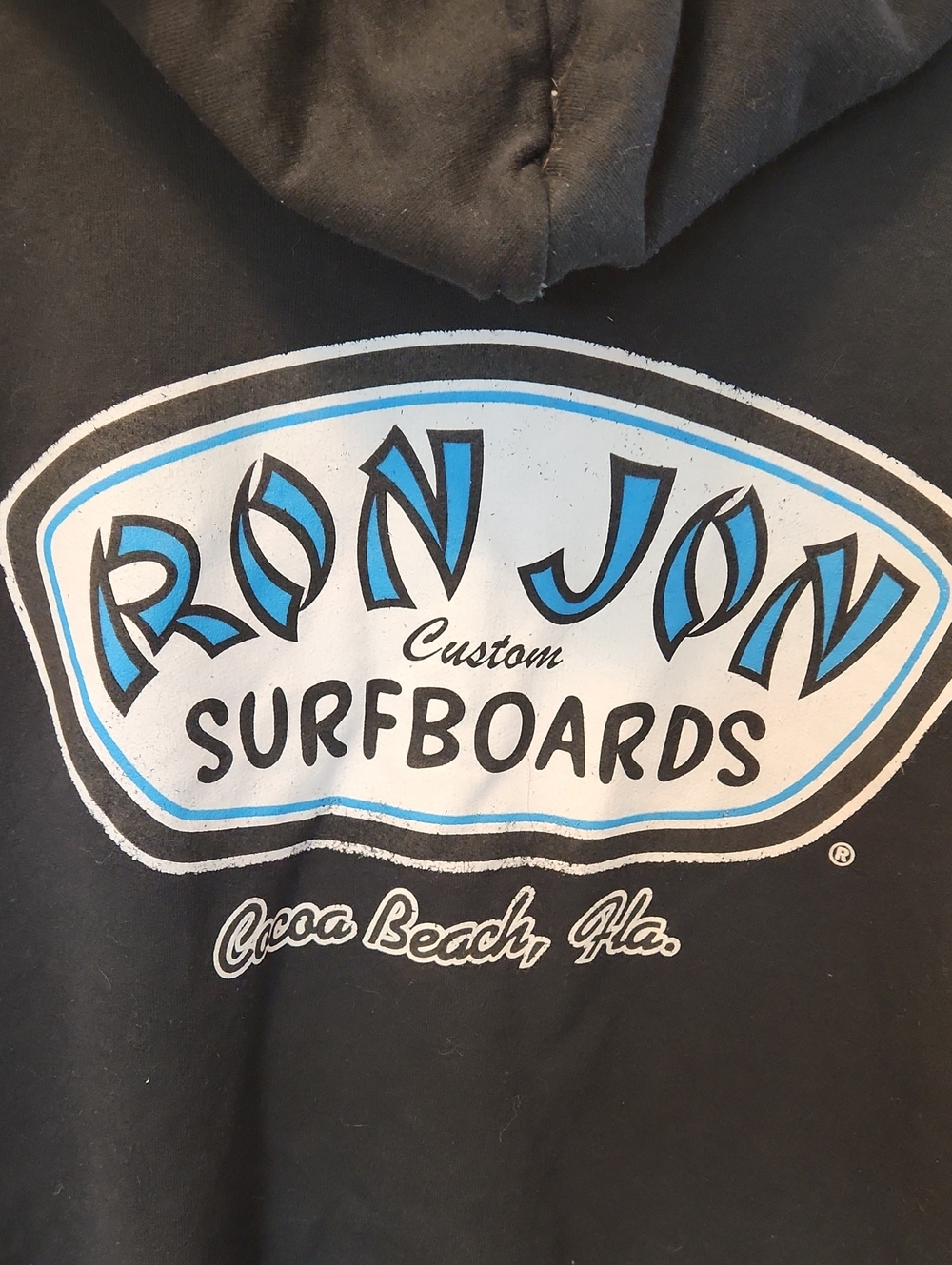 Ron Jon Black Hoodie with White and Blue Surfboards Logo